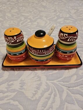 La Cocina Stripe Salt Pepper And Sugar Set. Hand Painted.